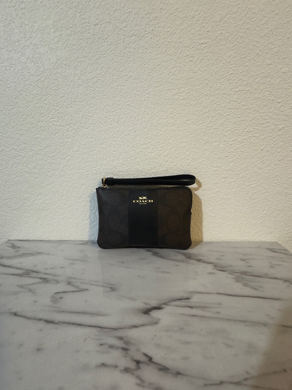 Coach Brown and Black Signature Wristlet with Gold Logo